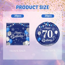 40PCS Happy 70th birthday decorations Navy Blue and Silver 70th Birthday Anniversary Decor Including Plates Napkins For Men Women Serve 20