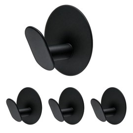Freshfresh 4 Pack Self Adhesive Hooks Towel Hanger Stainless Steel Stick on Wall for Coat Robe Clothes Bathroom Shower Toiletries Kitchen Storage, Waterproof & Heavy Duty Sticky, Black