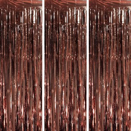 Voircoloria 3 Pack 3.3 x 8.2 ft Brown Foil Fringe Backdrop Curtains, Tinsel Streamers Party Decorations, Fringe Backdrop, Door Shimmer for Thanksgiving Day or Birthday Party