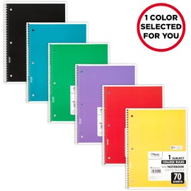 Mead Spiral Notebook, 1 Subject, College Ruled Paper, 70 Sheets, 10-1/2" x 7-1/2", Assorted Colors (05512)