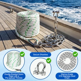 Anchor Rope and Chain Kit - 3/8" Boat Anchor Rope 200 ft with 316 Stainless Steel 3/16" Anchor Chain 10 ft - Heavy Duty Nylon Anchor Line with Spliced Thimble & Shackles - Anchor Rode for Boat