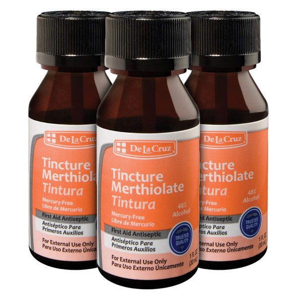 De La Cruz Merthiolate Tincture Antiseptic - First Aid for Minor Cuts, Scrapes and Burns - Mercury-Free Formula Safe for the Entire Family (3 Bottles)