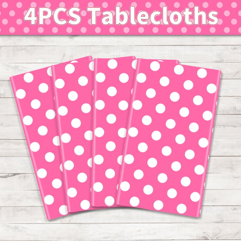 4 Pack Pink and White Polka Dots Rectangular Tablecloth Pink