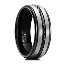 King Will Men's Tungsten Carbide Ring with Steel Rope Inlay | Gunmetal Black 8mm Comfort Fit Wedding Band, Sizes 7