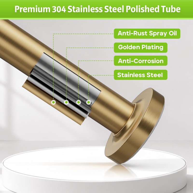 One-Piece Tension Curtain Rod 54-90 inch Brushed Gold Shower Curtain