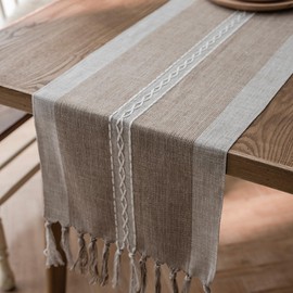 Niviy Farmhouse Table Runner, Embroidered Striped Braided Coffee Boho Table Runner, Cotton Linen Farmhouse Table Decoration for Holiday Party 12 x 108 Inches