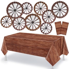 Outus Western Cowboy Party Decorations 9 Pcs Wagon Wheel Decorations Paper Fans and 2 Pcs Brown Wood Grain Tablecloths Country Western Party Decor for Wild West Western Cowboy Classroom Party