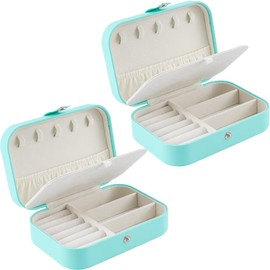 Travel Jewelry Box, PU Leather Small Jewelry Organizer for Women Girls, Double Layer Portable Mini Travel Case Display Storage Holder Boxes for Stud Earrings, Rings,Necklaces,Bracelets (green 2pcs)