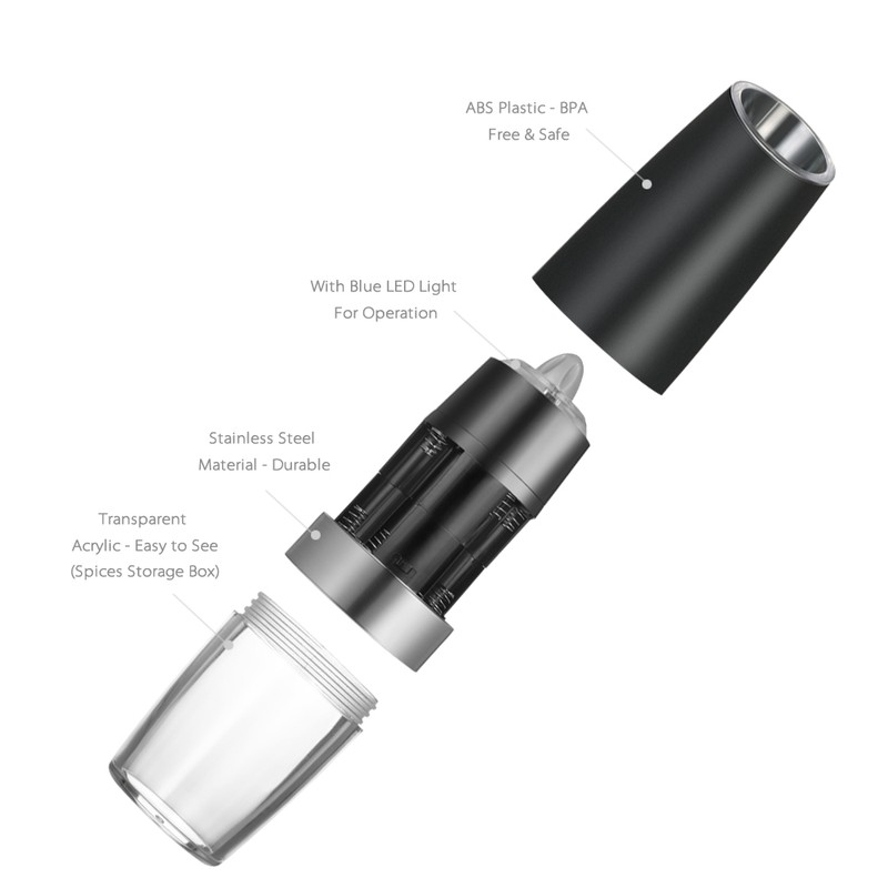 Homgeek Portable Automatic Electric Gravity Pepper Grinder Blue LED Light