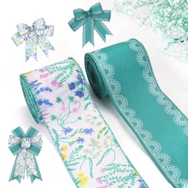 ALIBBON 2 Rolls 2.5" × 5 Yd Spring Flower Ribbons Sage Green White Lace Wired Edge Burlap Ribbons Pink Yellow Purpel Floral Leaves for Spring Wreath DIY Crafting Gift Wrapping Party Decoration