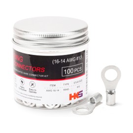 HKS 100PCS Non-Insulated Ring Terminals, #10 Stud, AWG 16-14 (1.5-2.5mm²) Tinned Red Copper Crimp Connectors, M5 Bolt Size, Uninsulated Wire Lugs for Electrical Wiring & Automotive Applications