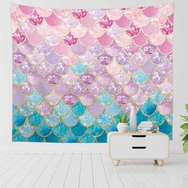 RosieLily Mermaid Tapestry Mermaid Wall Decor, Pink Tapestry Blue Tapestry Mermaid Tapestry for Teen Girls Little Mermaid Room Decor for Girls Bedroom Room Dorm Party Wall Decor, 51" x 59" Inches