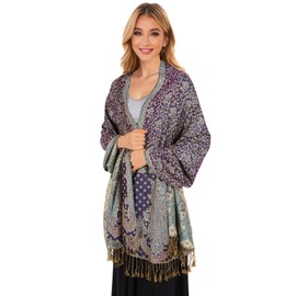 Lamca Pashmina Scarf for Women Soft Silky Reversible Paisley Pattern Scarf for Women, Purple/Green