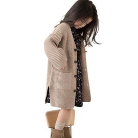 [EnDast] Long Knit Cardigan, Brown, One-piece Coordination, Long Sleeve, Long Length, Girls, Korean Children's Clothes, 110, 120, 130, 140, 150, 160cm, Braun