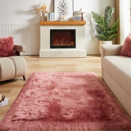 AMTOVO Faux Fur Sheepskin Rug for Living Room, 4 x 6 ft Blush Pink Fluffy Area Rug for Bedroom, Playroom, Luxury Room Decor, Rectangle