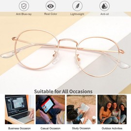 LNTICB® Blue Light Filter Glasses Women Men Computer Glasses Gaming Blue Light Glasses Unisex Interchangeable Lens Without Prescription Retro Round Super Light Metal Frame Anti Fatigue, Rose Gold