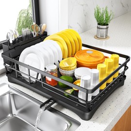 Dish Drying Rack for Kitchen Counter - Large Dish Rack with Drainboard, Rustproof Dish Drainer with Utensil Holder for Sink, Black