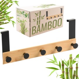 RICOO MH029N-5 Door Coat Rack, Environmentally Friendly Hook Rail for Hanging, 5 Steel Hooks, Bamboo Strip, Door Mounting No Drilling, Door Hooks for Jackets, Bags, 32 x 13 x 6.6 cm, Natural & Black