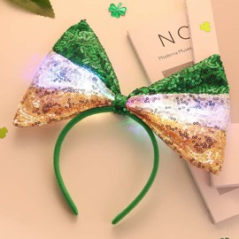 DRESBE Light Up St Patricks Day Headband LED Sequins Bowknot Hair Hoop Irish Festival Hair Accessories for Women and Girls (A)