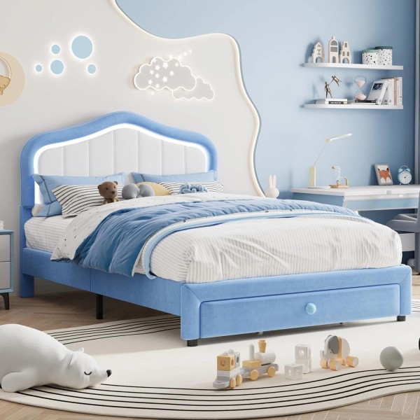 Full Bed Frame Velvet Upholstered Headboard LED Platform Bed Frame
