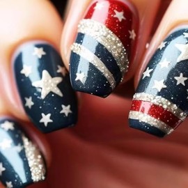 Independence Day Press on Nails Short Square Fake Nails Red Blue False Nails with Stars Designs Glossy Stick on Fingernails 4th of July Glue on Nails Holiday Glitter Acrylic Nails for Women 24 PCS