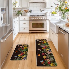 Artoid Mode Wood Flowers Butterfly Spring Kitchen Mats Set of 3, Seasonal Home Decor Leaves Low-Profile Kitchen Rugs for Floor - 17"x29"+17"x36"+17"x47"