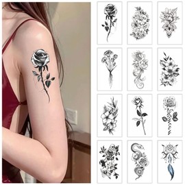 Womaha 12 Sheets Black and White Flower Temporary Tattoos for Women and Girls Fake Tattoo Stickers