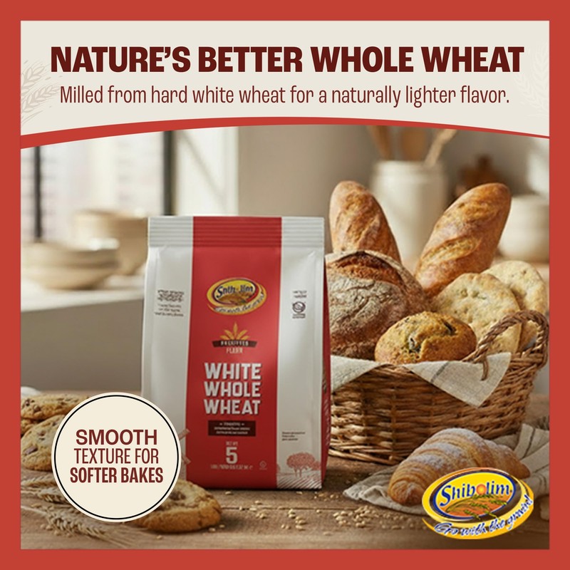 Shibolim Stone Ground White Whole Wheat Flour, 240oz (3x5lb Bags