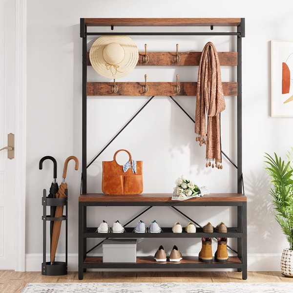 Amyove Large Coat Rack Shoe Bench, 4-in-1 Hall Tree Shoe Rack for Entryway, 3-Tier Storage Shelf and Hooks Removable, Industrial Accent Furniture with Heavy Duty Steel Frame 39.9"x15.7"x72"