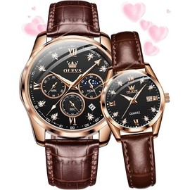 欧利时OLEVS Brand OLEVS Valentines Couple Pair Quartz Watches His and Her Couple Set Leather Chronograph Diamond Wrist Watch Men Women Lovers Wedding Romantic Gifts Set of 2 - Color: B: Brown leather strap & Black dial