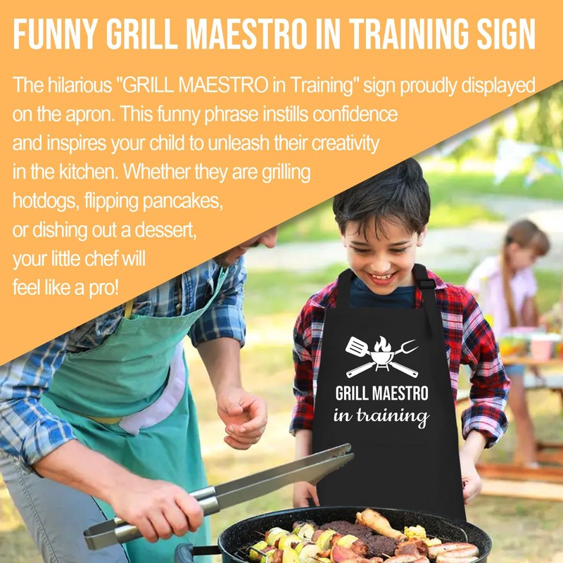 OUUKHGY Kids Apron and Chef Hat Set, Grill Maestro in