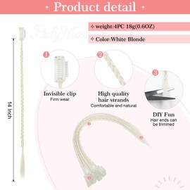 Flufymooz 4 x braid in hair extensions, 35.5 cm clip-in braid extensions for women, synthetic hairpieces for daily use, party styling (white blonde)