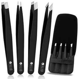 Oxlio 4pcs Tweezers for Facial Hair Women & Men Professional Black Coated Stainless Steal Eyebrow Tweezers Slanted & Pointed tip Precision Tweezers for ingrown Hair with Leather Pouch