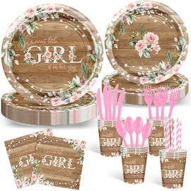 Avezano 192 Pcs Rustic Girl Baby Shower Party Decorations A Sweet Little Girl is on Her Way Baby Shower Party Tableware Set Baby Girl Party Dessert Plates Napkins Cups for Baby Shower 24 Guests