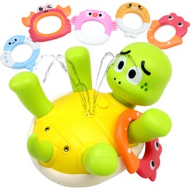 CORPER TOYS 2 in 1 Toss & Water Spraying Rechargeable Turtle Bath Toy for Toddlers, with 5 Colorful Animal Rings Floating Turtle Baby Bathtub Toy for Pool Water Table Play for Kids Gift