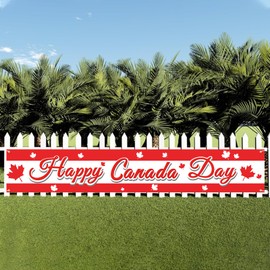 300 x 50 cm Happy Canada Day Banner – Large Red and White Maple Leaf Wall Sign for July 1st Indoor Outdoor, Porch, Fence, Garage, School, or Canadian Patriotic Party Backdrop Decoration ( 9.8 x 1.6 FT )