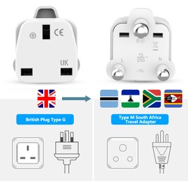Loydia UK to South Africa Plug Adapter, 2 Pack UK to South Africa Travel Adapter Converter Plug, 3 Pin South Africa Travel Adaptors for Botswana, Lesotho, Swaziland, Namibia, Sri Lanka (White, Type M)