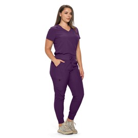 MONARCH UNIFORMS Stretchy Scrubs Women's Jogger Scrub Set In Regular and Petite Jogger Scrubs with Tuck-In Top for Women(Eggplant-3X)