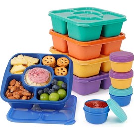 5 Pack Bento Snack Boxes with 5 Compartments & 4 Leakproof Sauce Containers,  Lunchable Snack Containers for  Adults, Wheat Straw, , Dishwasher Safe (Classic) - Color: Jewel Brights