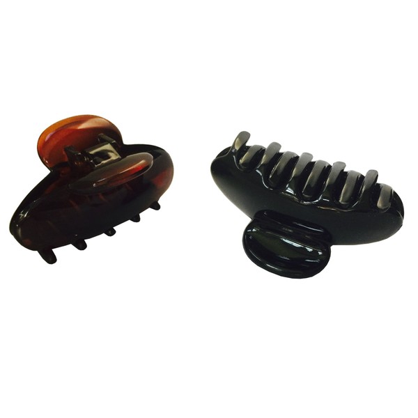 Parcelona French Clamp Black and Shell Small Covered Spring Celluloid Acetate Jaw Hair Claw Clip - 2 Pieces