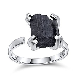 Natural raw black tourmaline adjustable finger ring with white gold over 925 sterling silver, perfect October birthstone gift for her, Uniquelan Jewelry (black-tourmaline)