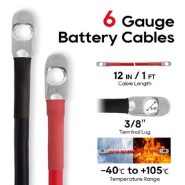 TOPDC 6 AWG Battery Cable 6AWG 12-Inch Battery Inverter Cables Set All Copper Conductor Wire with 3/8" Ring Terminals (6 AWG x 12 Inches) for Car, Truck, RV, Solar