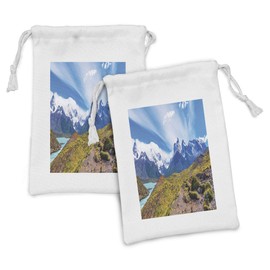 Ambesonne Landscape Fabric Pouch Set of 2, Lake Pehoe Torres del Paine National Park Patagonia Chile, Small Drawstring Bag for Toiletries Masks and Favors, 9" x 6", Dark Khaki Azure Blue