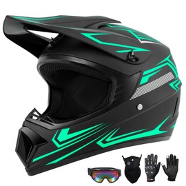 Youth Kids Dirt Bike Motocross Helmet (Goggles Gloves Face Mask) 4PCS Set, DOT Approved Boys Girls Full Face Motorcycle Helmets, ATV BMX MX Mountain Bike Off Road Kid Helmet (Green, XL)