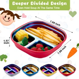 Geiserailie 4 Packs Stainless Steel Kids Plates with Silicone Sleeve Divided Suction Plates for Kids Toddler Tableware Divided Tray for Children Dishwasher Safe Feeding Supplies(Bright Colors)