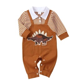 Tepuce Baby Boy Clothes 9-12 Months Long Sleeve Outfits Fall/Winter Baby Romper Ribbed Clothing Set, Brown Dinosaur Romper 9-12 Months