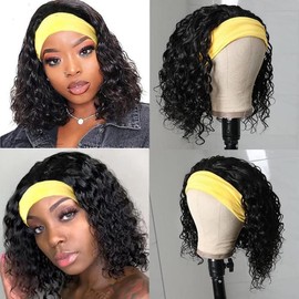 Wig for Women Natural Brazilian Deep Wave Human Hair Wig Headband Human Hair 10 Inch Gluless Wig Curly Brazilian Hair for Black Hair Deep Curly