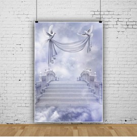 CSFOTO 3x5ft Stairway to Heaven Backdrop Kingdom of God Backdrop Paradise Stairs Holy Sky Clouds Dove Background Church Event Background Angel Wings Backdrop Memorial Backdrop for Funeral