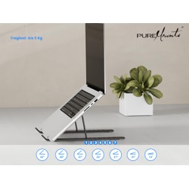 PureMounts Laptop Stand, Height Adjustable, Foldable & Ergonomic Notebook Holder for Home Office, 7 Adjustable Viewing Angles, Aluminium Laptop Stand with Ventilation & Non-Slip Pads, Black