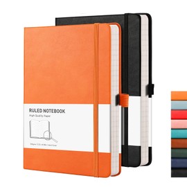 RETTACY Notebook A5 Lined Hardback 2 Pack - Thick Journal with 376 Numbered Paper, 2 Free Sticky Notes Divider,100gsm Paper,8 Perforated Sheets, Pen Loop, Inner Pocket, 14.5 x 21cm（Black Orange)
